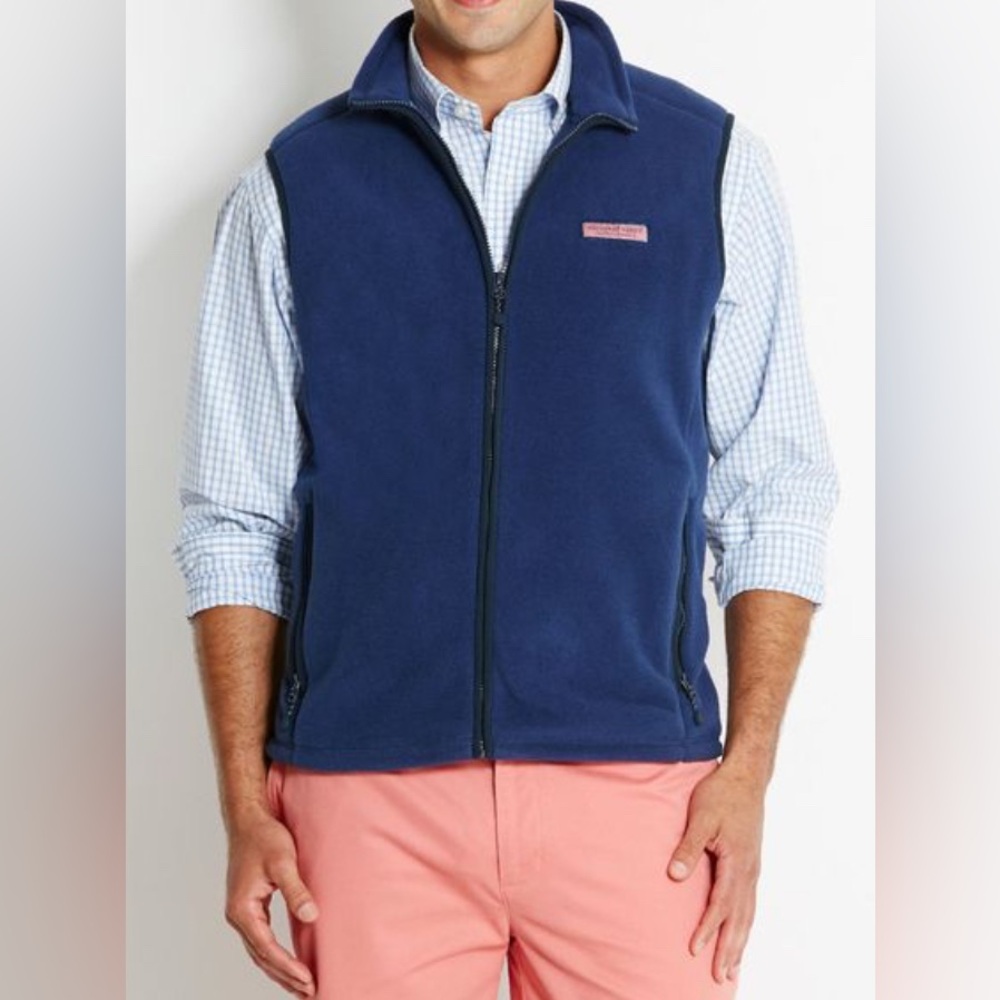 NWT Vineyard Vines Vest Harbor Fleece Mens Large Navy Blue Full Zip Pockets